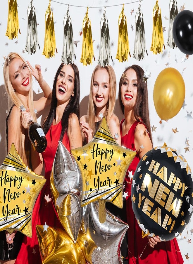 KALOR مستلزمات حفلات رأس السنة 2026، بالونات ضخمة تحمل الرقم 2026، لافتة سوداء وذهبية، زجاجة، كأس، بالونات على شكل نجمة، شرابات معلقة لتزيين حفلات رأس السنة. - Image 3